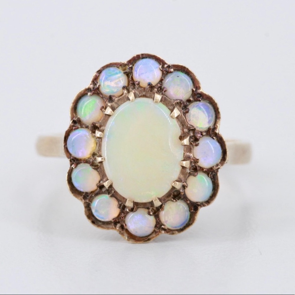Vintage English 9k Gold Opal Halo Ring Hallmark